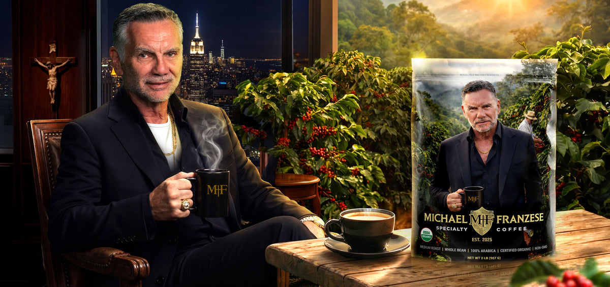 Michael Franzese holding a coffee mug with a scenic background and a coffee packaging featuring the same man.